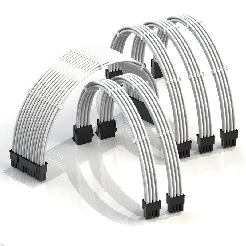 LINKUP - AVA 30cm PSU Cable Extension Sleeved Custom Mod GPU PC Braided w/Comb Kit - Compatible with RTX3090 | 1 x 24 P (20+4) | 2 x 8 P (4+4) CPU | 3 x 8 P (6+2) GPU Set | 300mm - White - Image 1